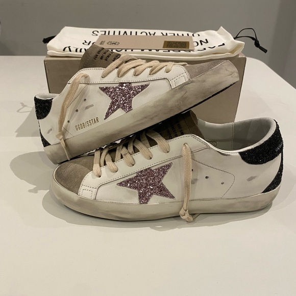 Golden Goose Superstar Sneaker White Leather/Taupe/Black/Mauve Glitter sz 37 NIB - Picture 13 of 14